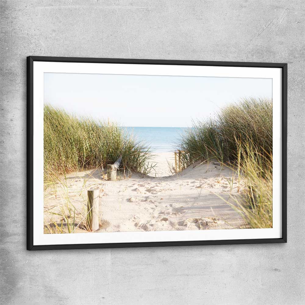 Beach and coastal wall art print of Beach Horizon with black glass front frame