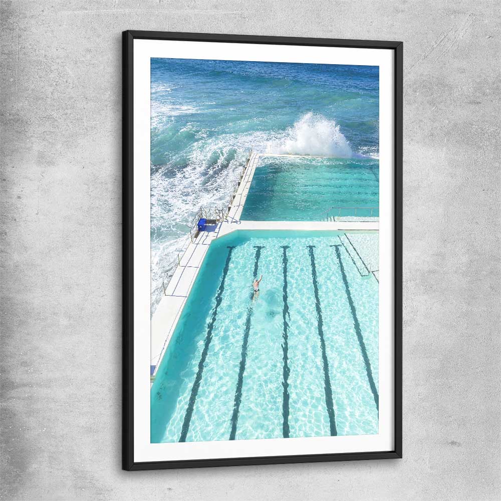 Beach and coastal wall art print of Bondi Iceberg with black glass front frame
