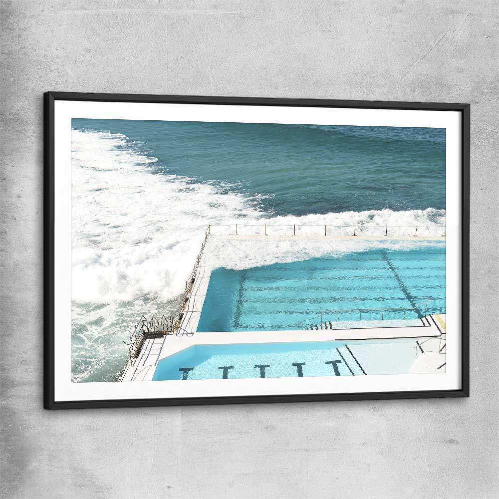 Beach and coastal wall art print of Bondi Iceberg Tide with black glass front frame