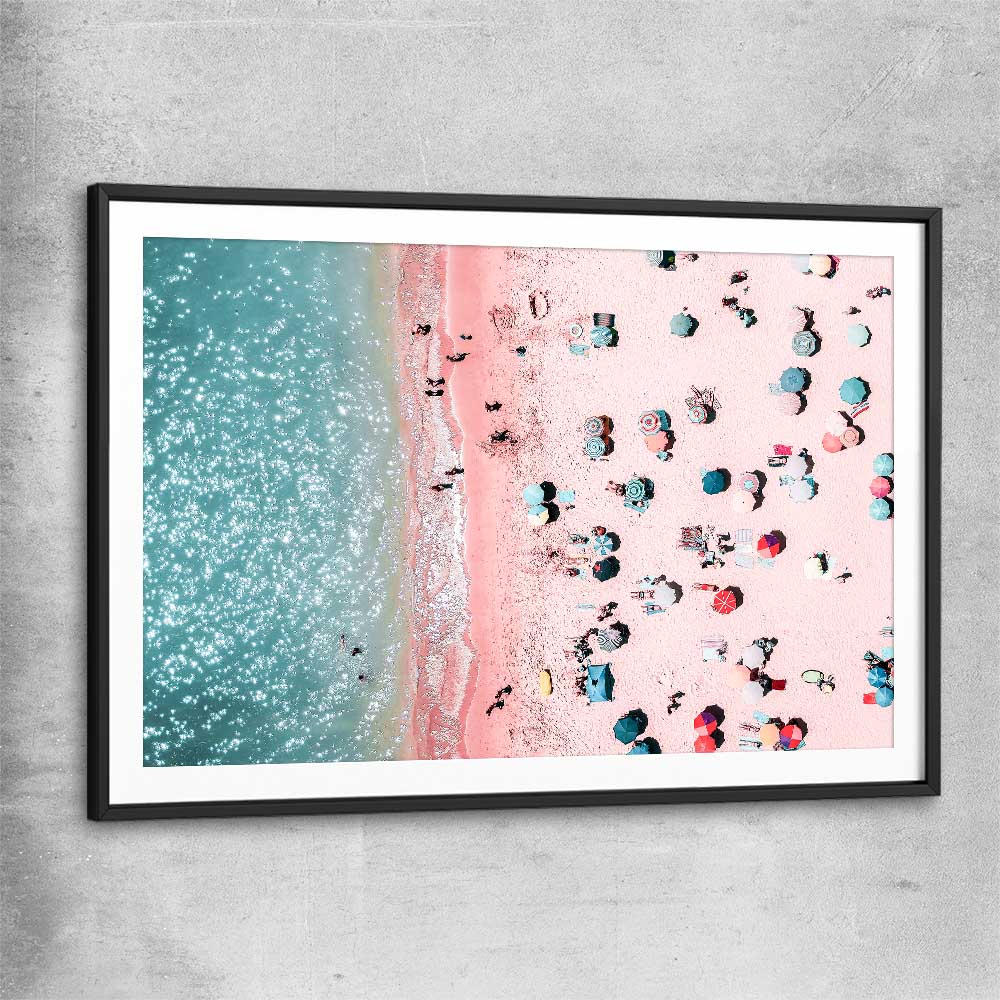 Beach and coastal wall art print of Bondi Pink Aerial with black glass front frame