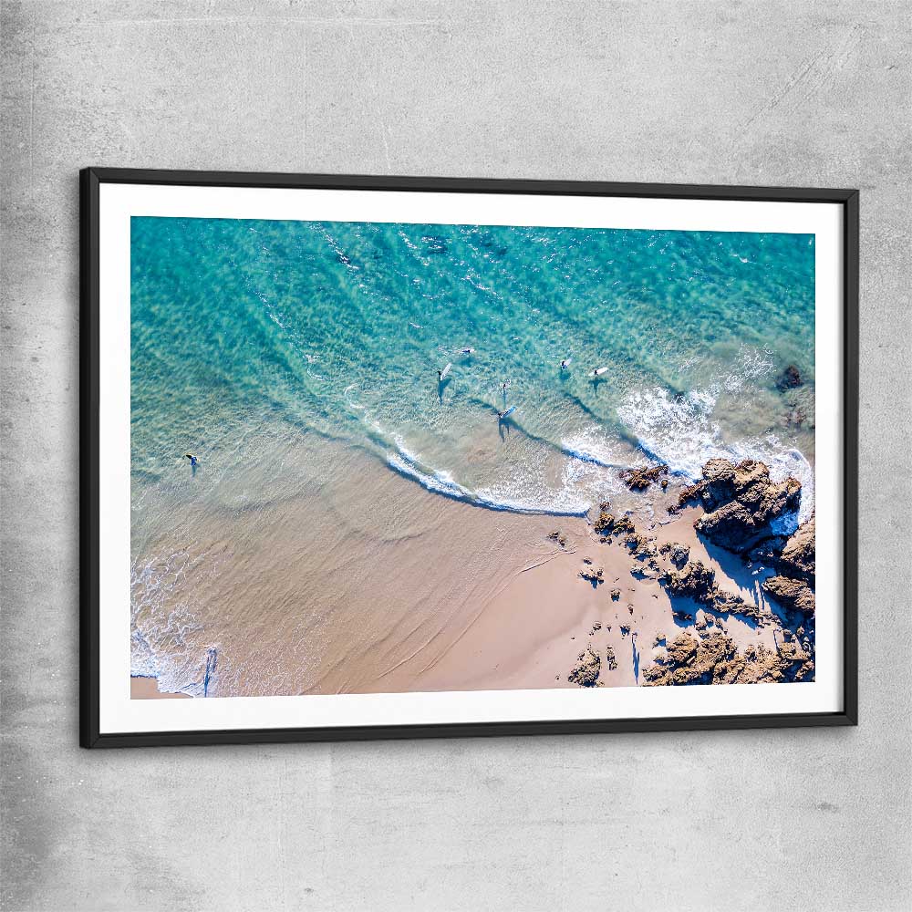 Beach and coastal wall art print of Byron Bay Rocks with black glass front frame