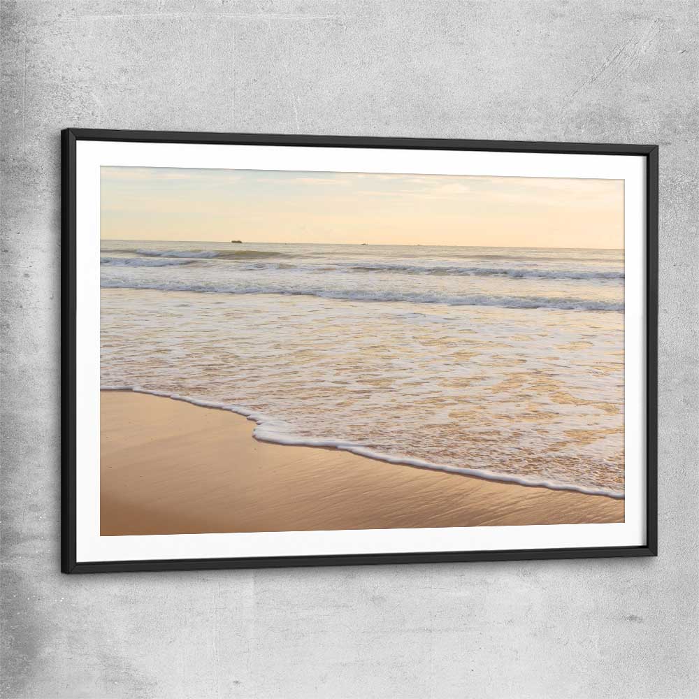 Beach and coastal wall art print of Calm Tides with black glass front frame
