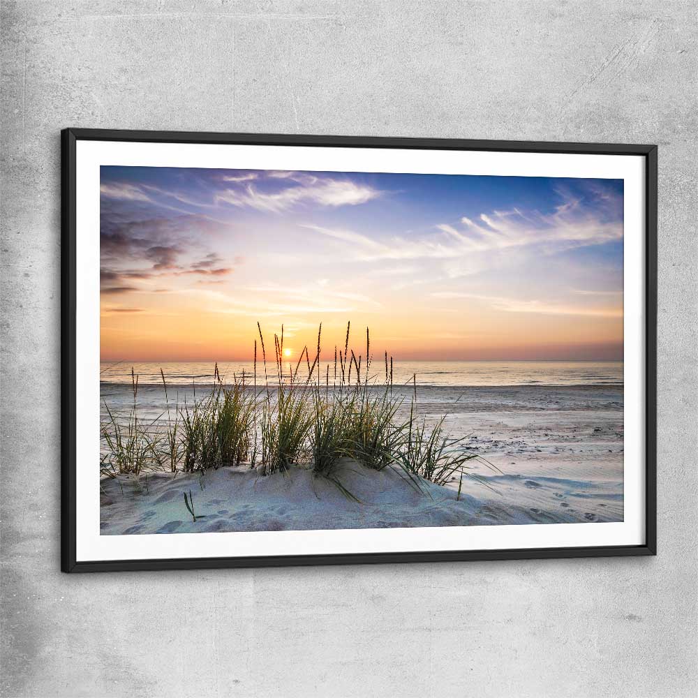 Beach and coastal wall art print of Calming Sunset with black glass front frame