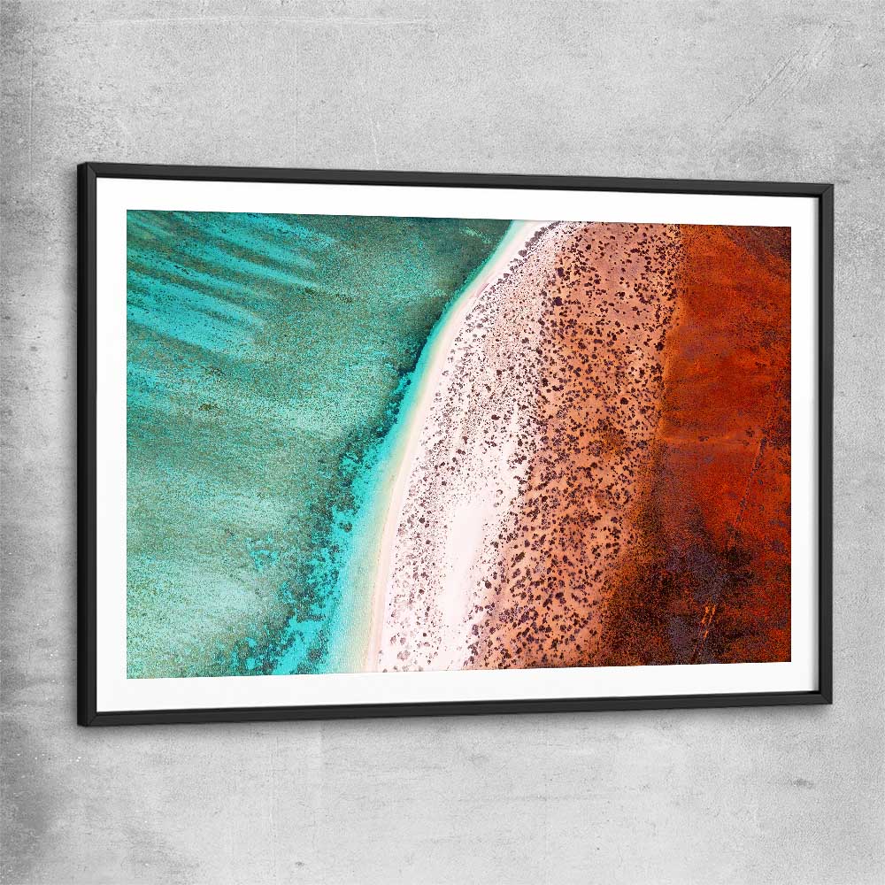Beach and coastal wall art print of Cape Range Aerial with black glass front frame