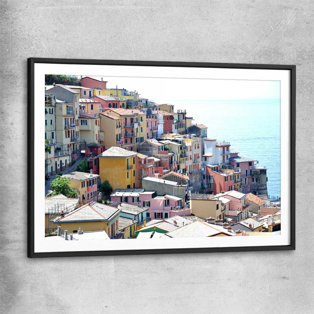 Beach and coastal wall art print of Cinque Terre with black glass front frame