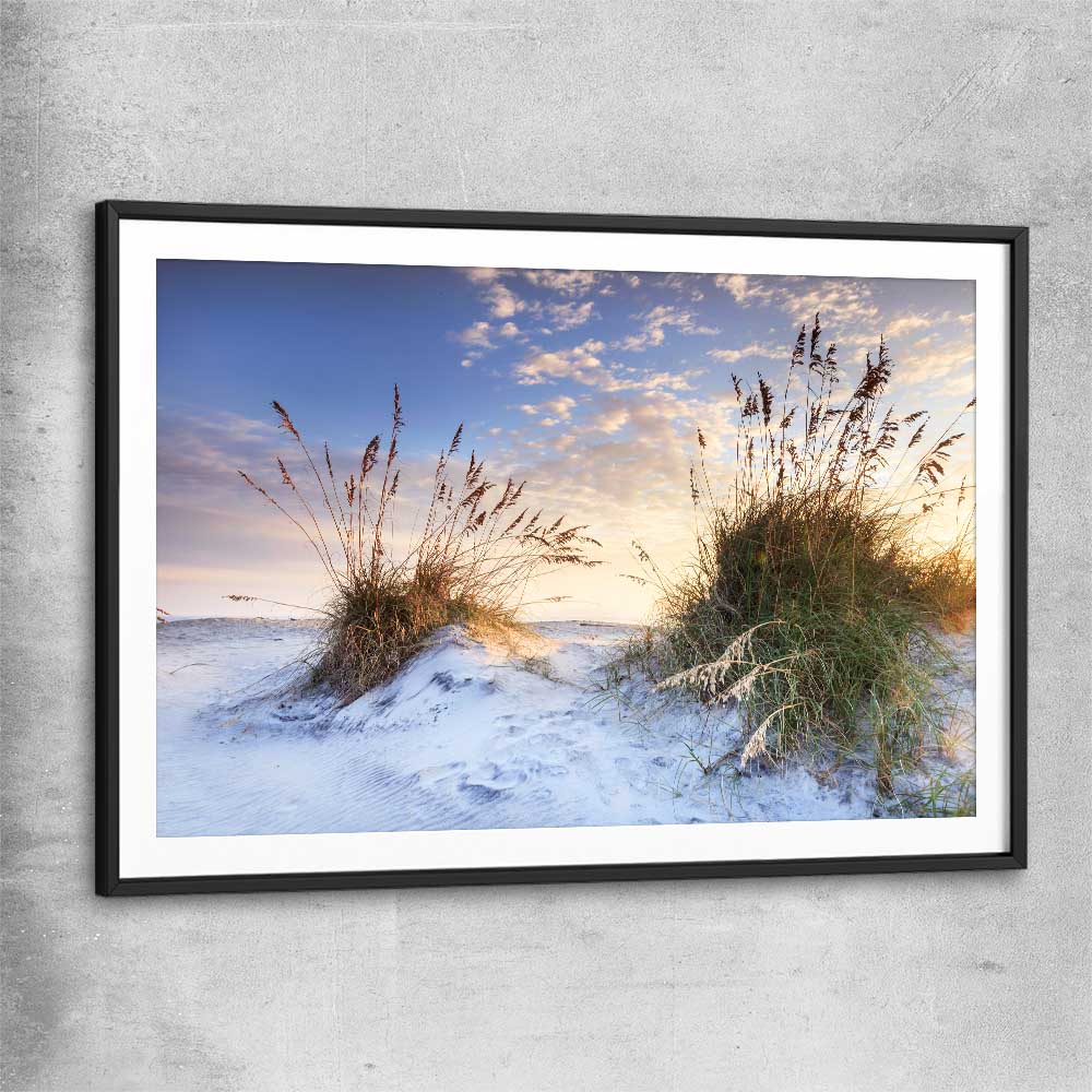 Beach and coastal wall art print of Coastal Sunrise with black glass front frame
