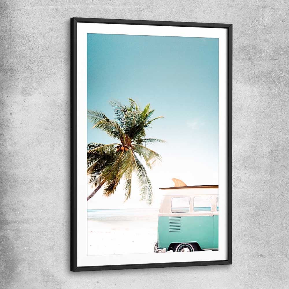 Beach and coastal wall art print of Combi Van Beach with black glass front frame