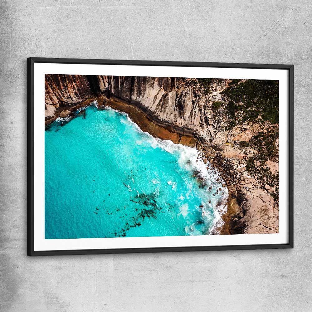 Beach and coastal wall art print of Crystal Clear Tides with black glass front frame