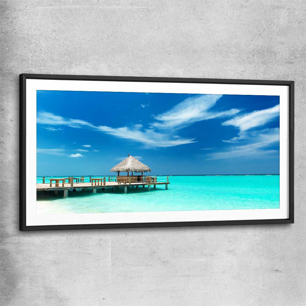 Beach and coastal wall art print of Exotic Beach Bar with black glass front frame