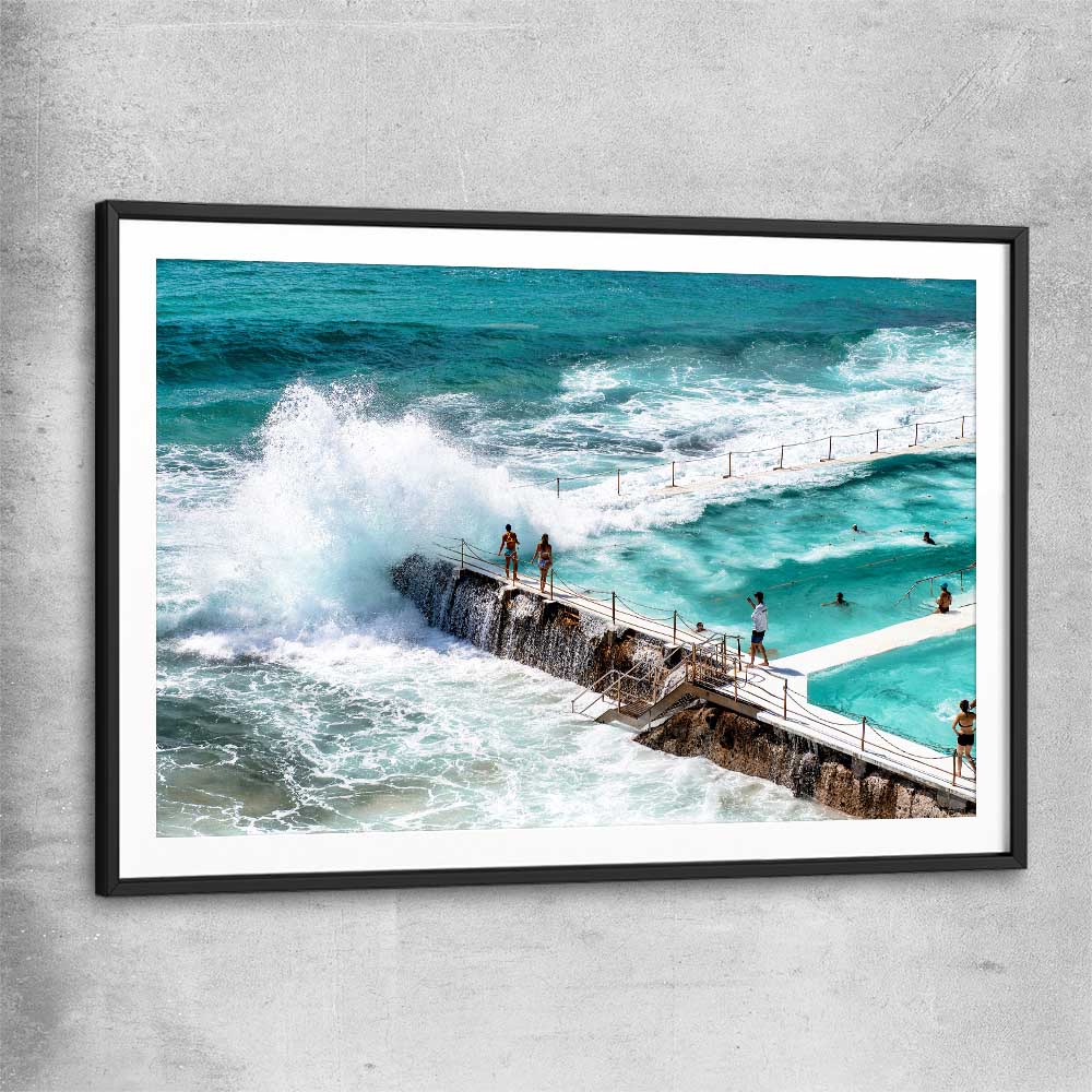 Beach and coastal wall art print of Freezing Icebergs with black glass front frame