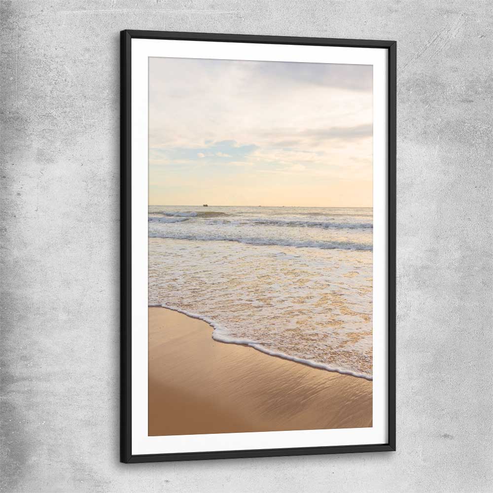 Beach and coastal wall art print of Gentle Tide with black glass front frame