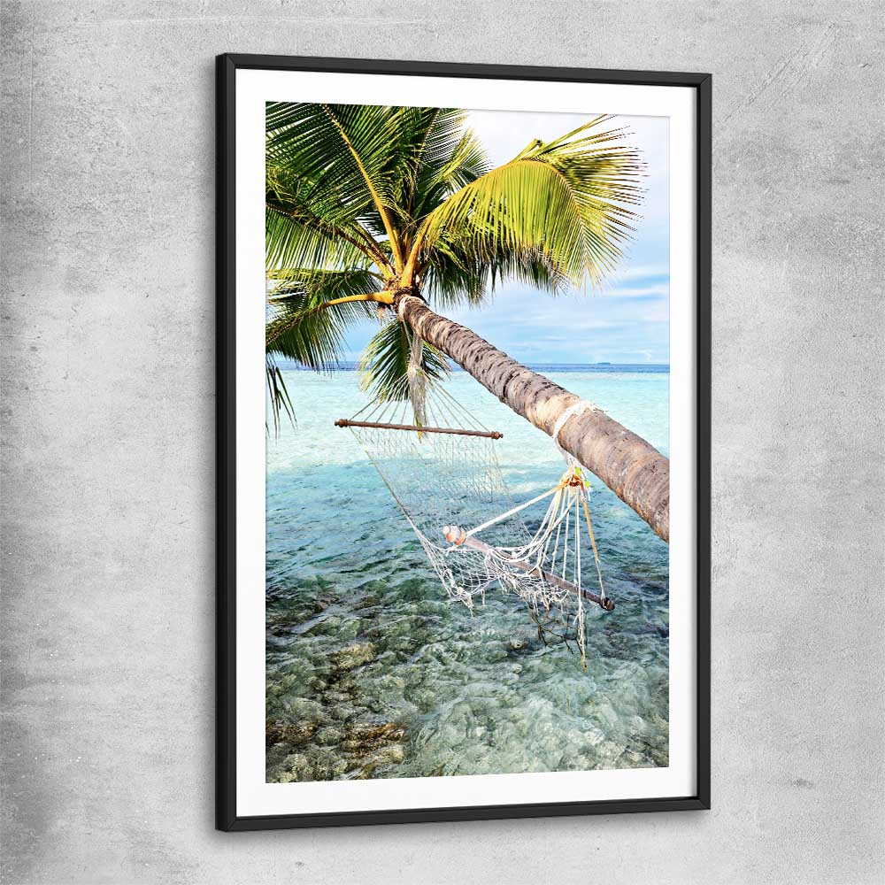 Beach and coastal wall art print of Maldives Hammock with black glass front frame