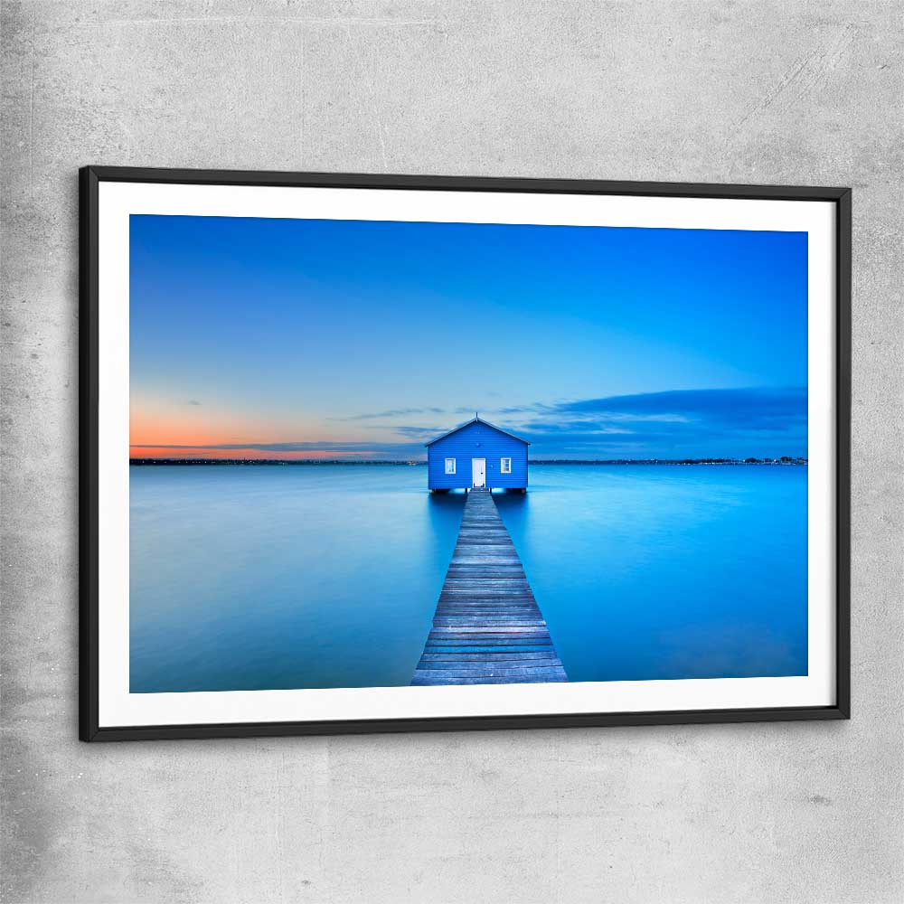 Beach and coastal wall art print of Matilda Bay Boathouse with black glass front frame