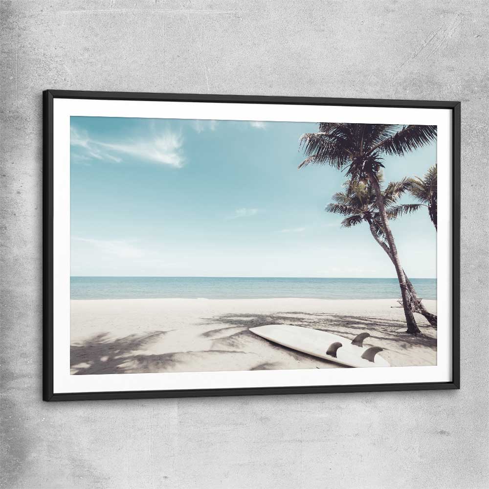 Beach and coastal wall art print of Palm Tropics with black glass front frame