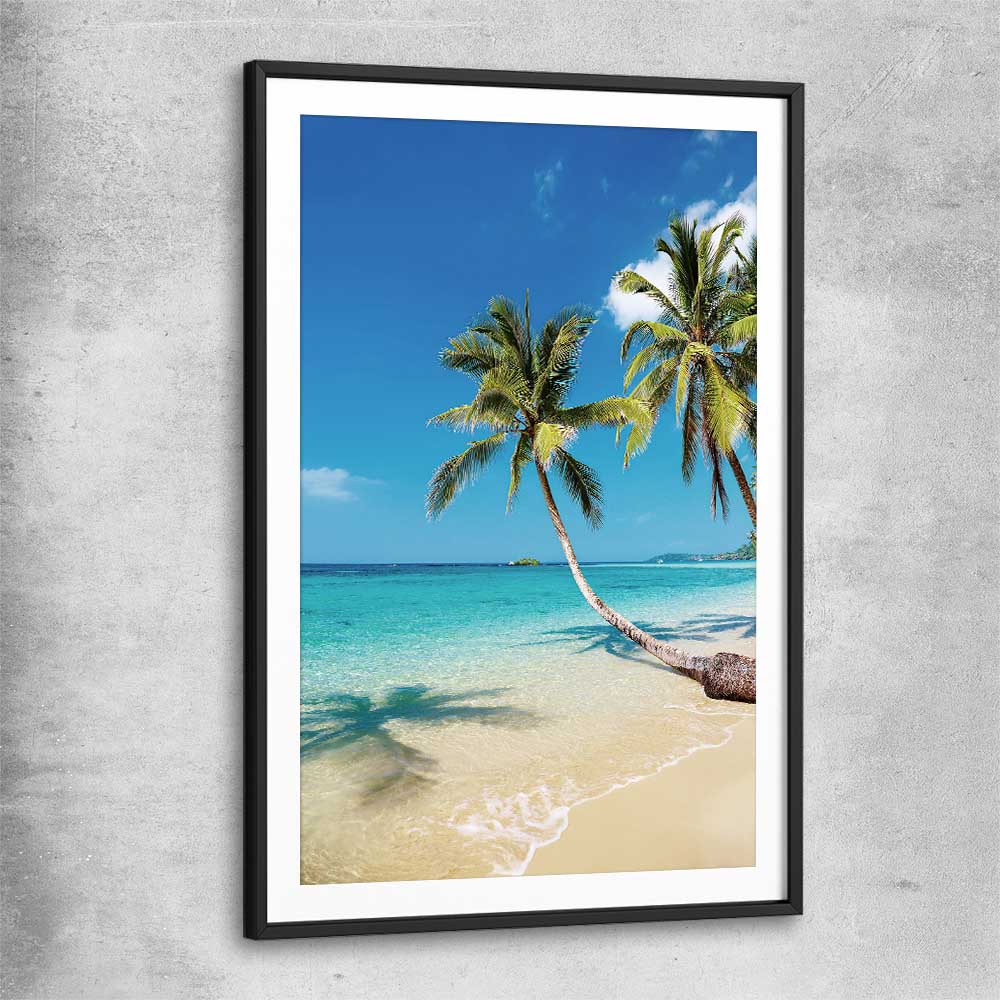 Beach and coastal wall art print of Paradise Palms with black glass front frame