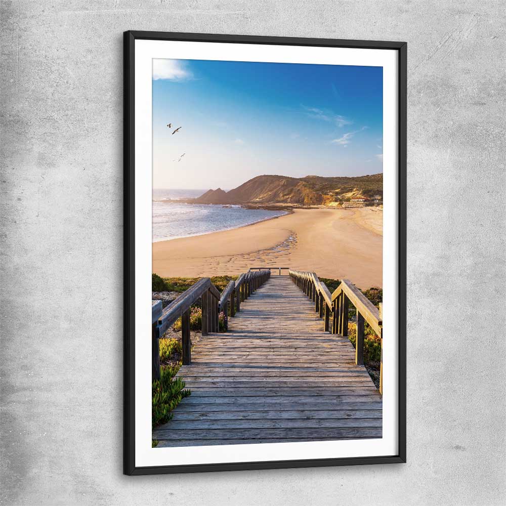 Beach and coastal wall art print of Paradise Walkway with black glass front frame