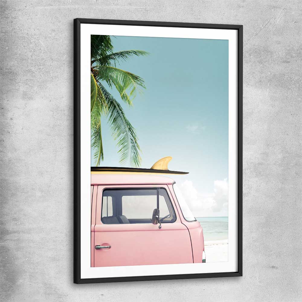Beach and coastal wall art print of Pink Combi with black glass front frame