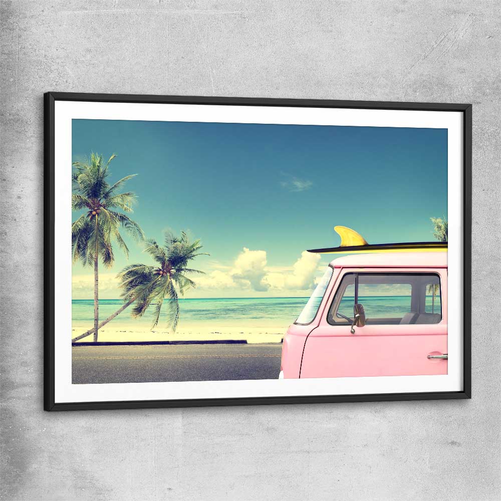 Beach and coastal wall art print of Pink Combi Surf with black glass front frame