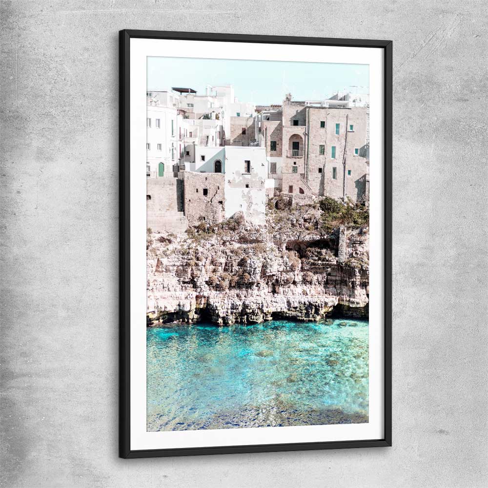Beach and coastal wall art print of Polignano a Mare with black glass front frame