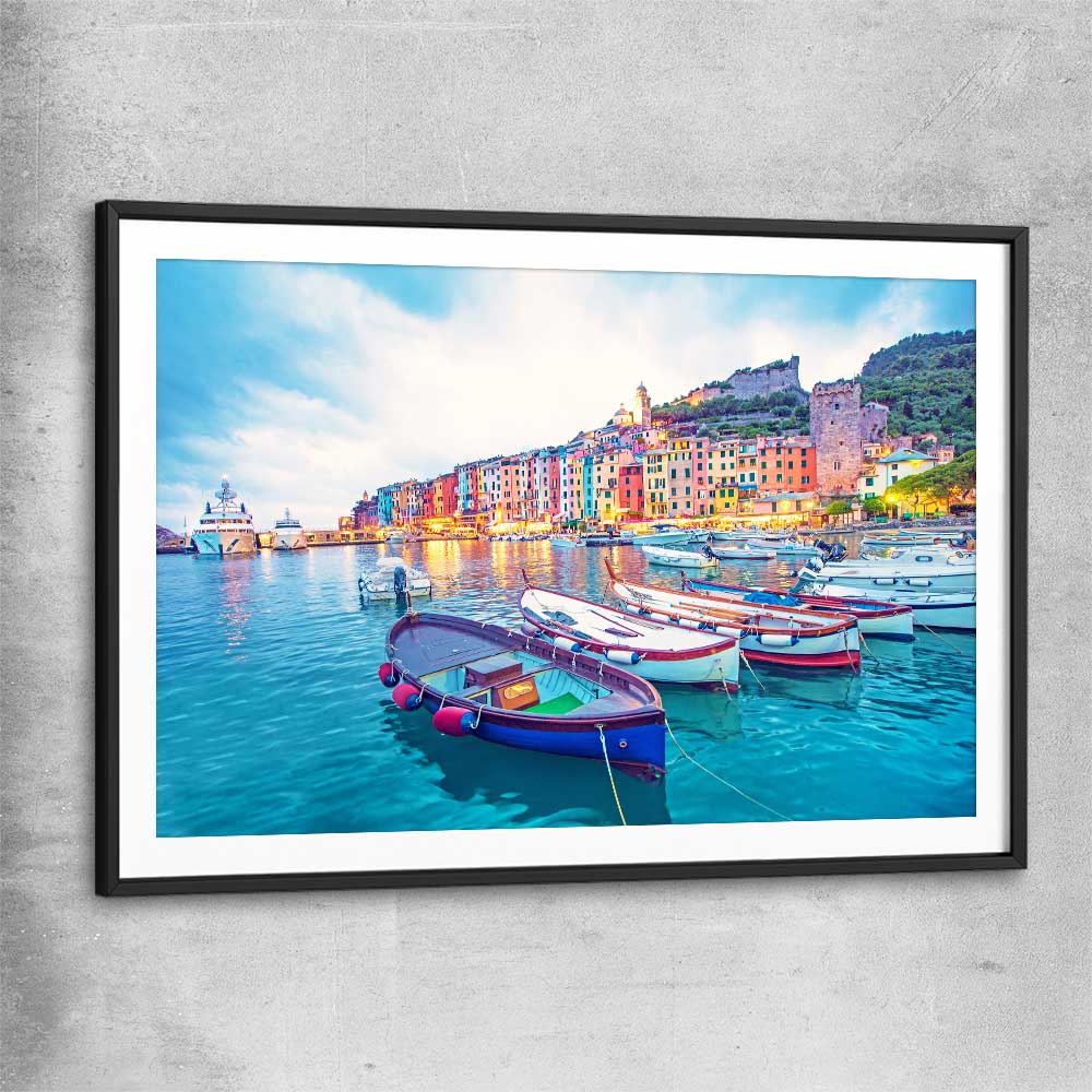 Beach and coastal wall art print of Porto Venere with black glass front frame