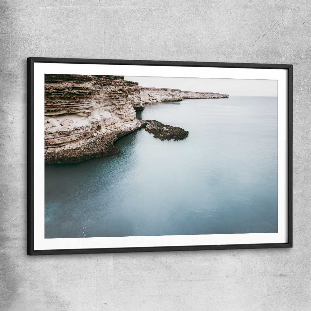 Beach and coastal wall art print of Quiet Waters with black glass front frame