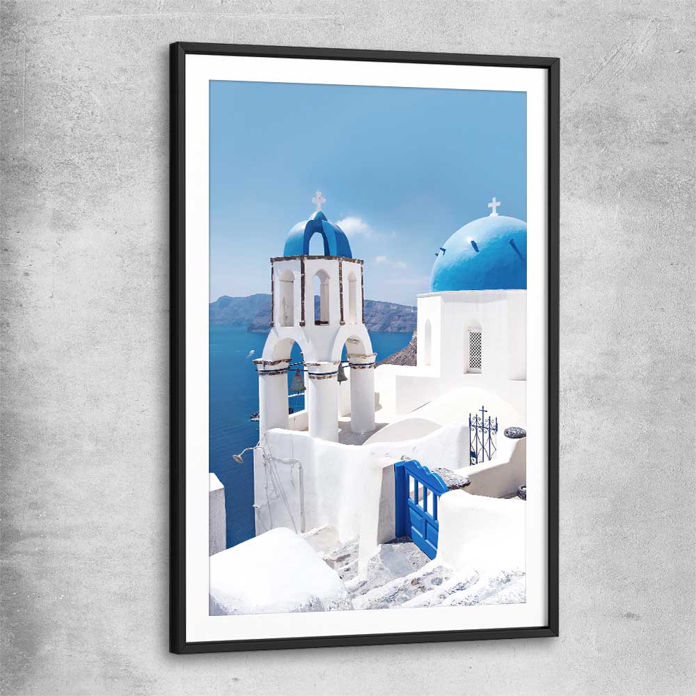 Beach and coastal wall art print of Santorini Dreaming with black glass front frame