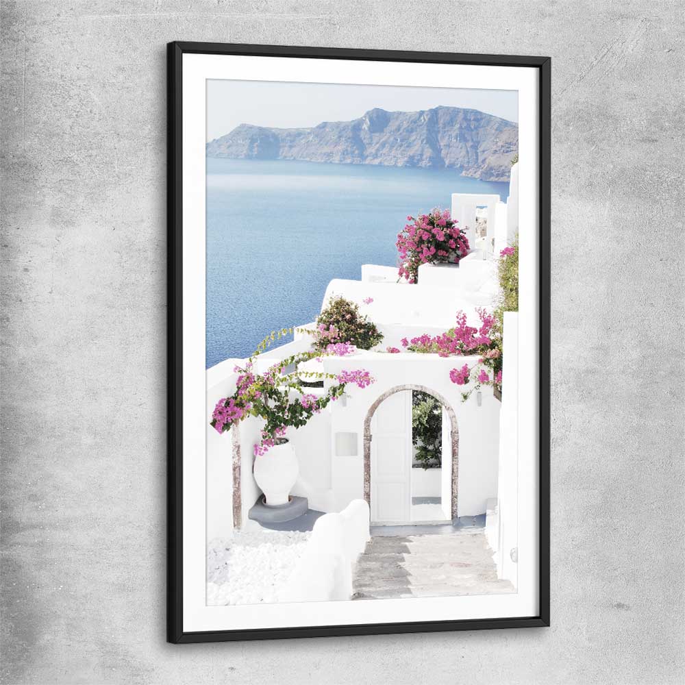 Beach and coastal wall art print of Santorini Island with black glass front frame