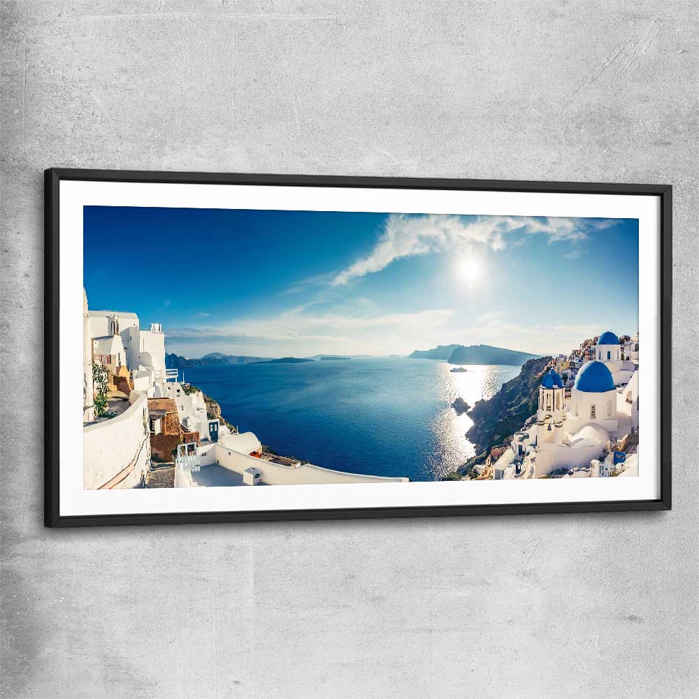 Beach and coastal wall art print of Santorini Panorama with black glass front frame