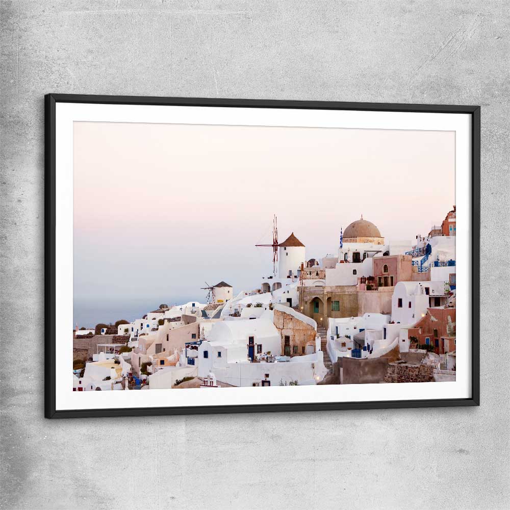Beach and coastal wall art print of Santorini Sunrise with black glass front frame