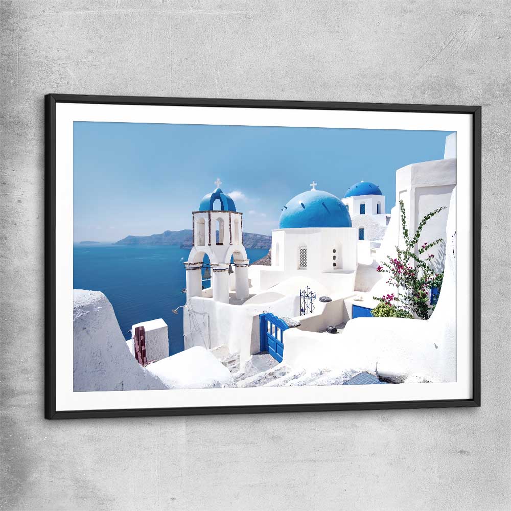 Beach and coastal wall art print of Santorini Views with black glass front frame