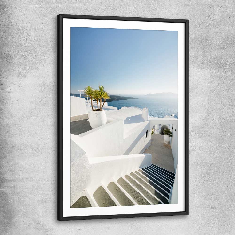 Beach and coastal wall art print of Santorini Walkway with black glass front frame