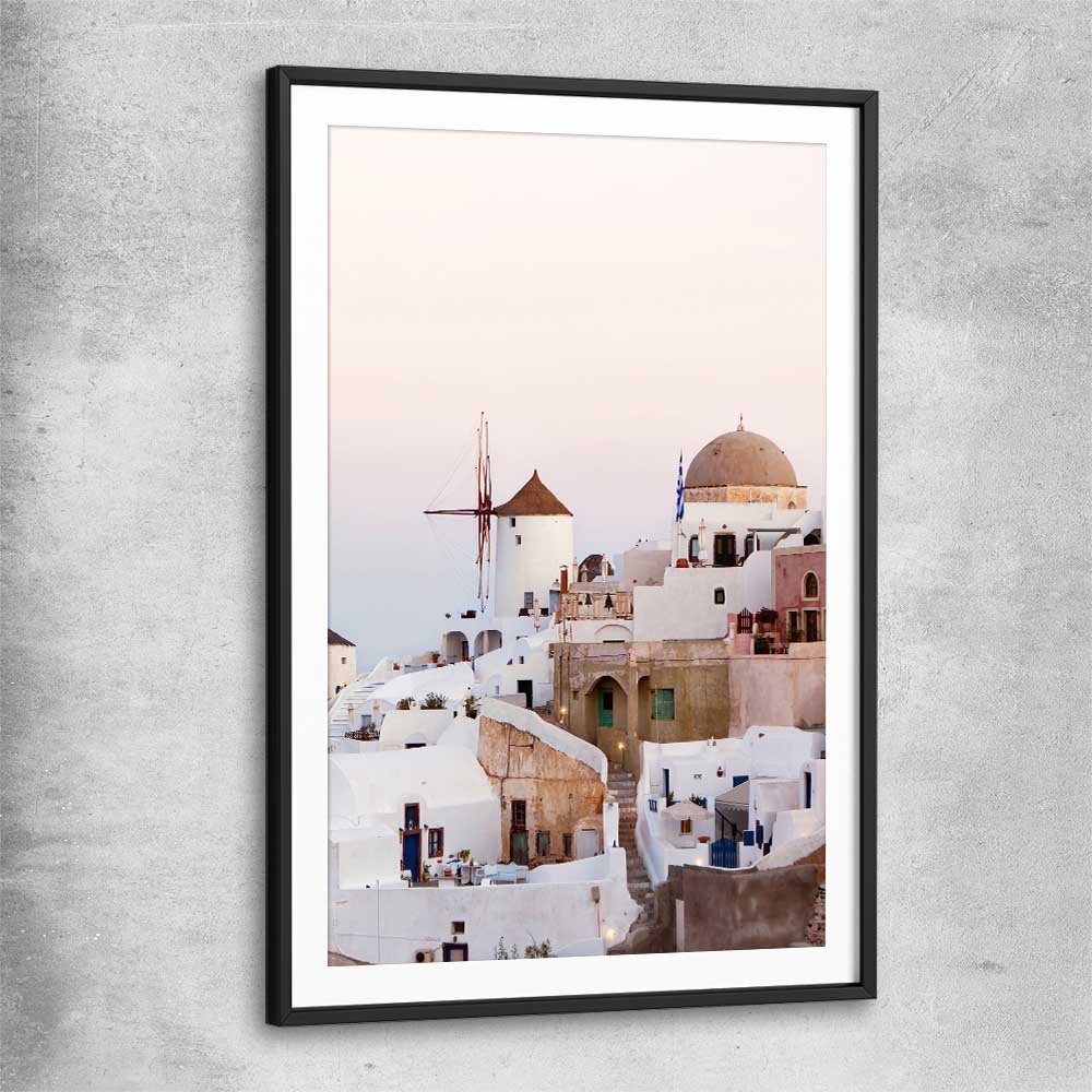 Beach and coastal wall art print of Santorini Windmill with black glass front frame