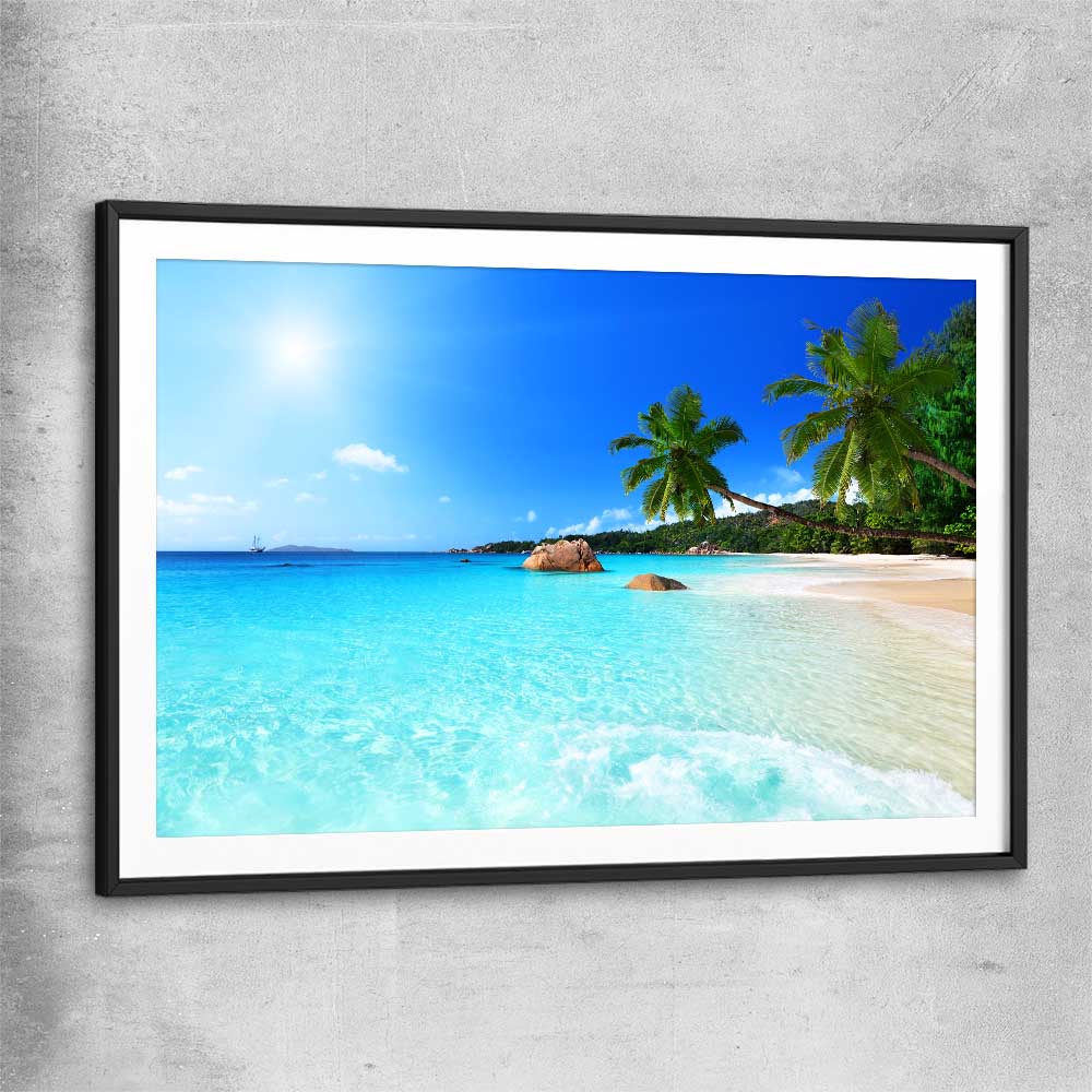 Beach and coastal wall art print of Seychelles Crystal Water with black glass front frame