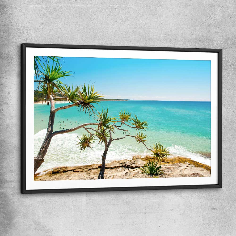 Beach and coastal wall art print of Stradbroke Island Beach with black glass front frame