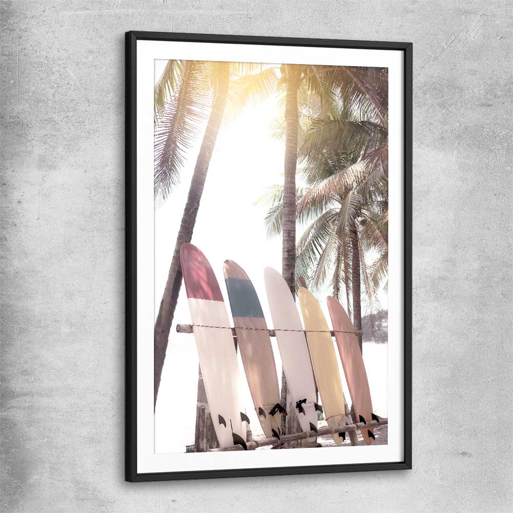 Beach and coastal wall art print of Surf Sunset with black glass front frame