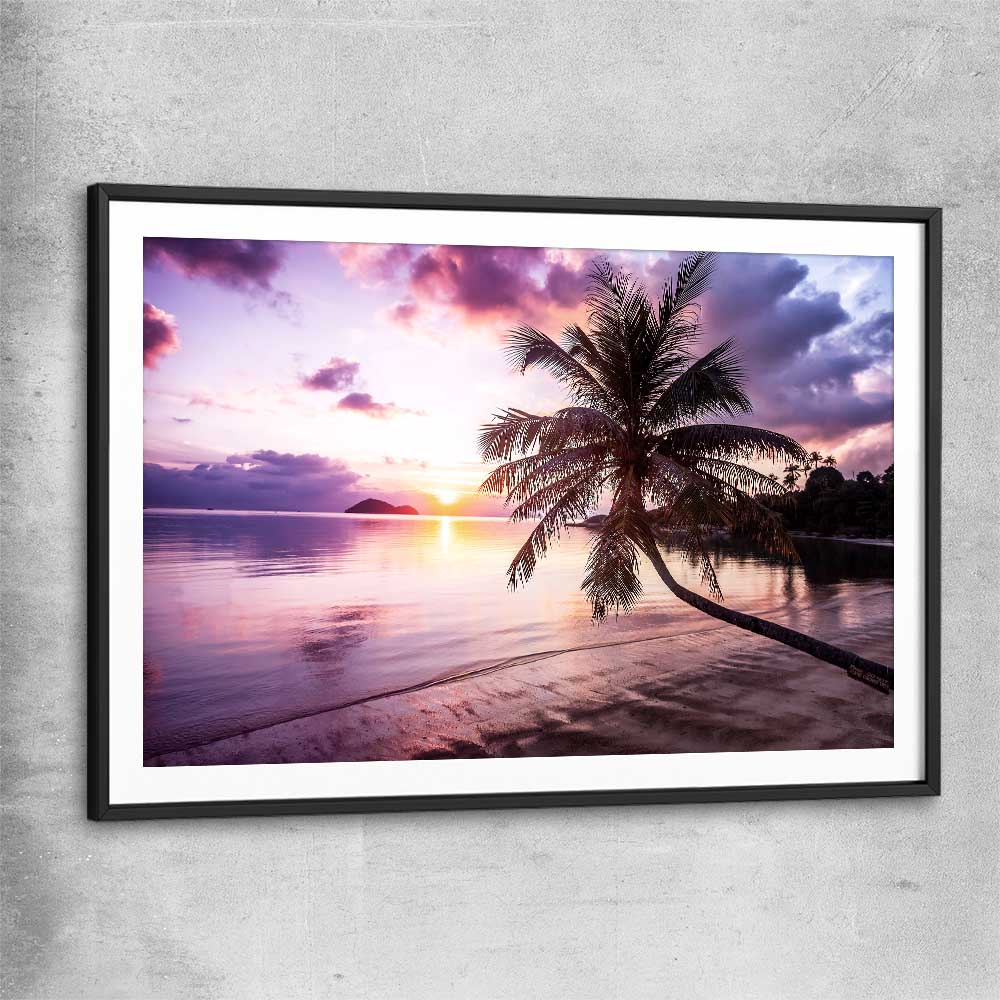 Beach and coastal wall art print of Tropical Sunset with black glass front frame