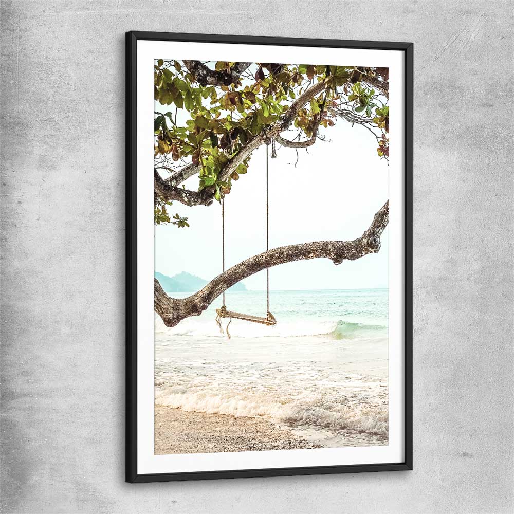 Beach and coastal wall art print of Tropical Swing with black glass front frame
