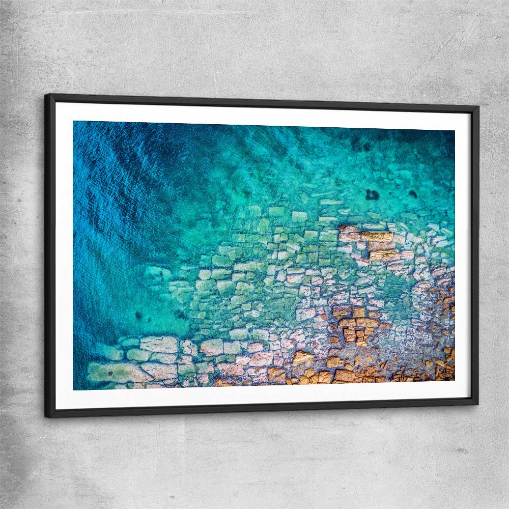 Beach and coastal wall art print of Watsons Bay Rocks with black glass front frame