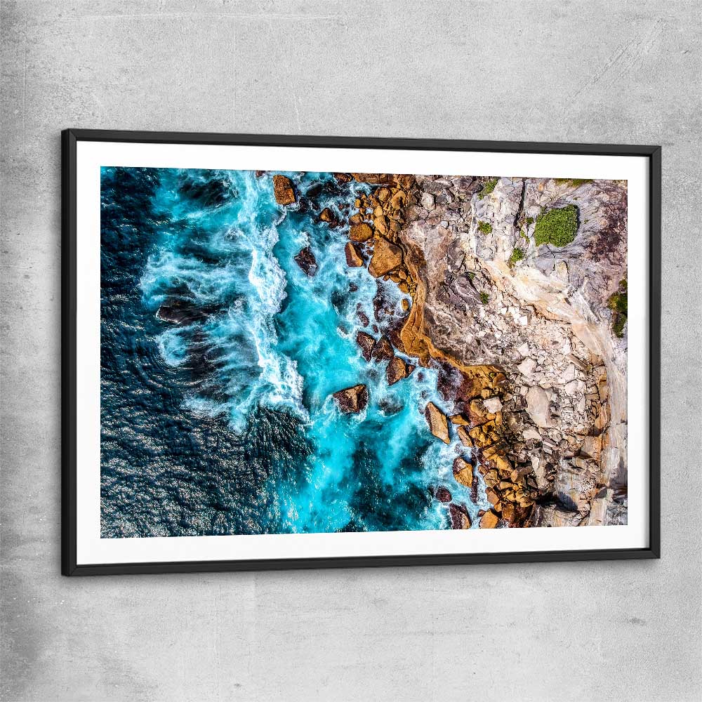 Beach and coastal wall art print of Watsons Bay Waves with black glass front frame