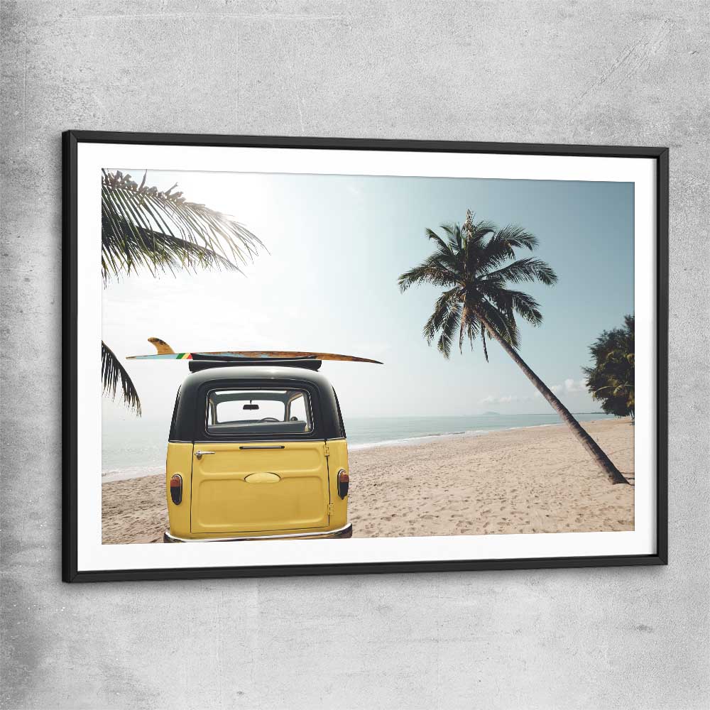 Beach and coastal wall art print of Yellow Combi Surf with black glass front frame