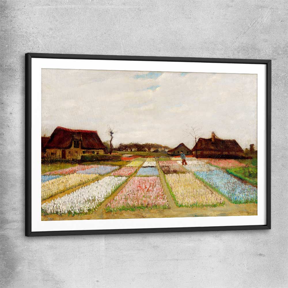 Classic wall art and canvas print of Bulb Fields Van Gogh with black glass front frame
