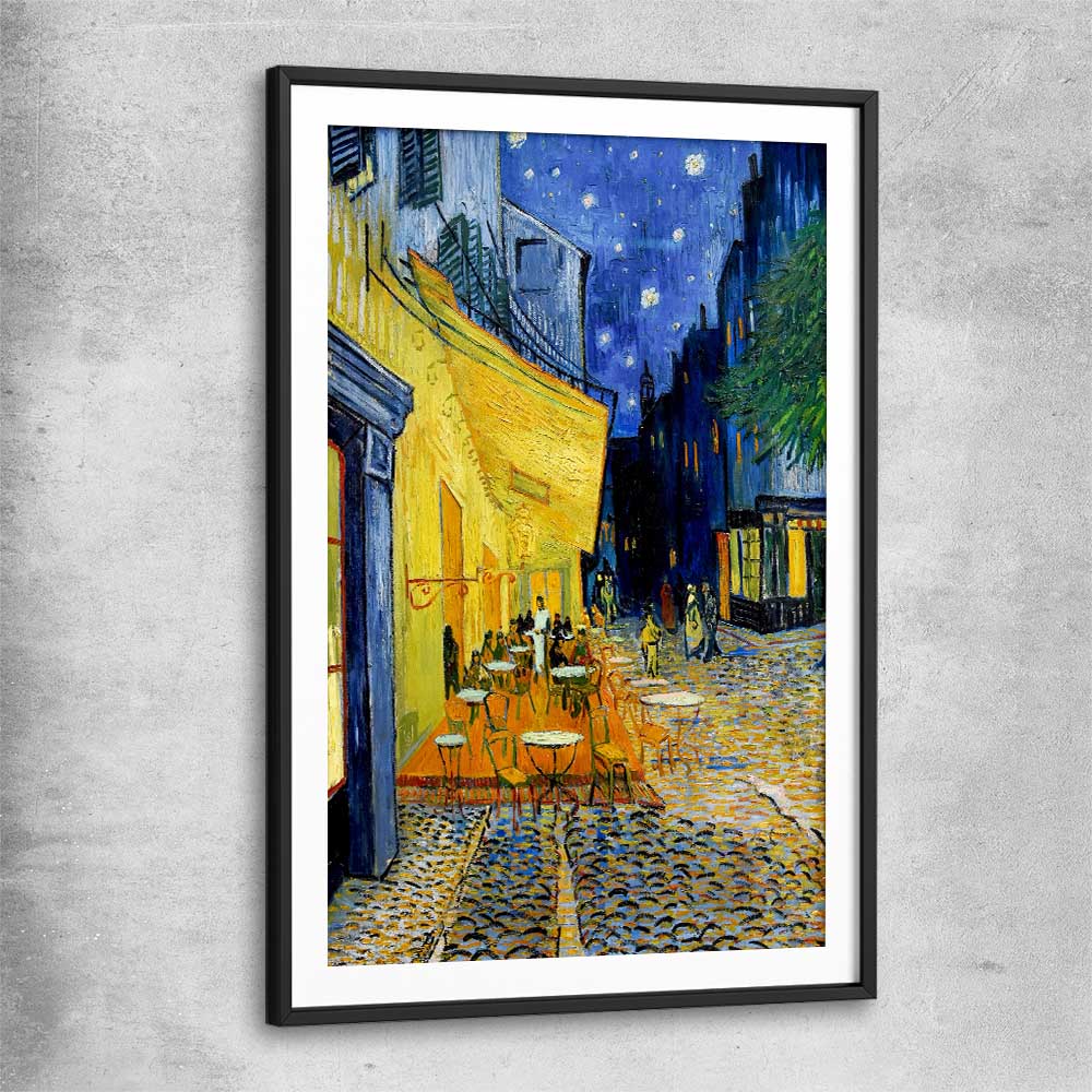 Classic wall art and canvas print of Cafe Terrace Van Gogh with black glass front frame