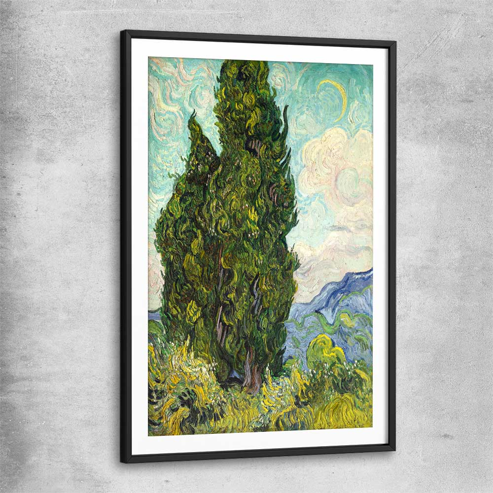 Classic wall art and canvas print of Cypresses Van Gogh with black glass front frame