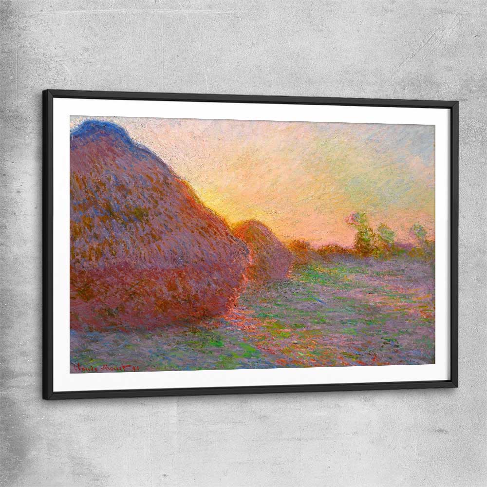 Classic wall art and canvas print of Haystacks Claude Monet with black glass front frame