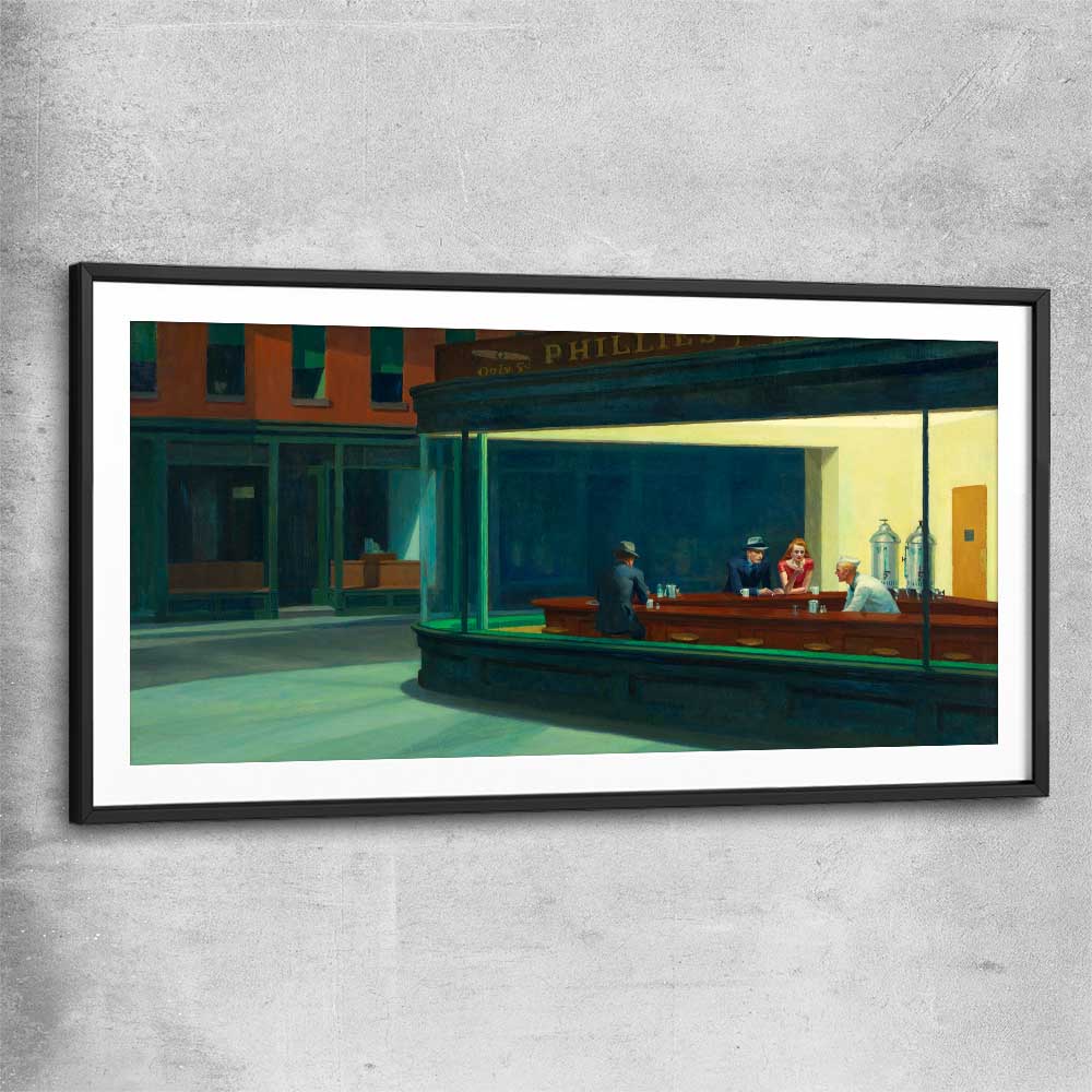 Classic wall art and canvas print of Nighthawks Edward Hopper with black glass front frame