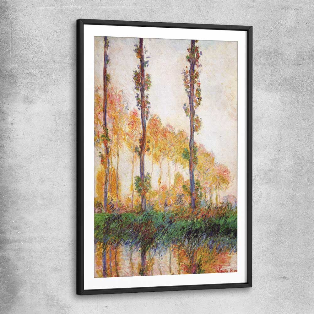 Classic wall art and canvas print of Poplars Claude Monet with black glass front frame