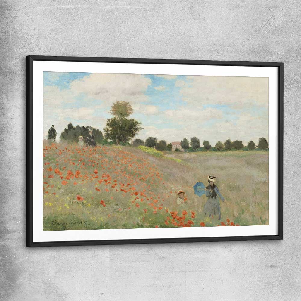 Classic wall art and canvas print of Poppy Field Claude Monet with black glass front frame