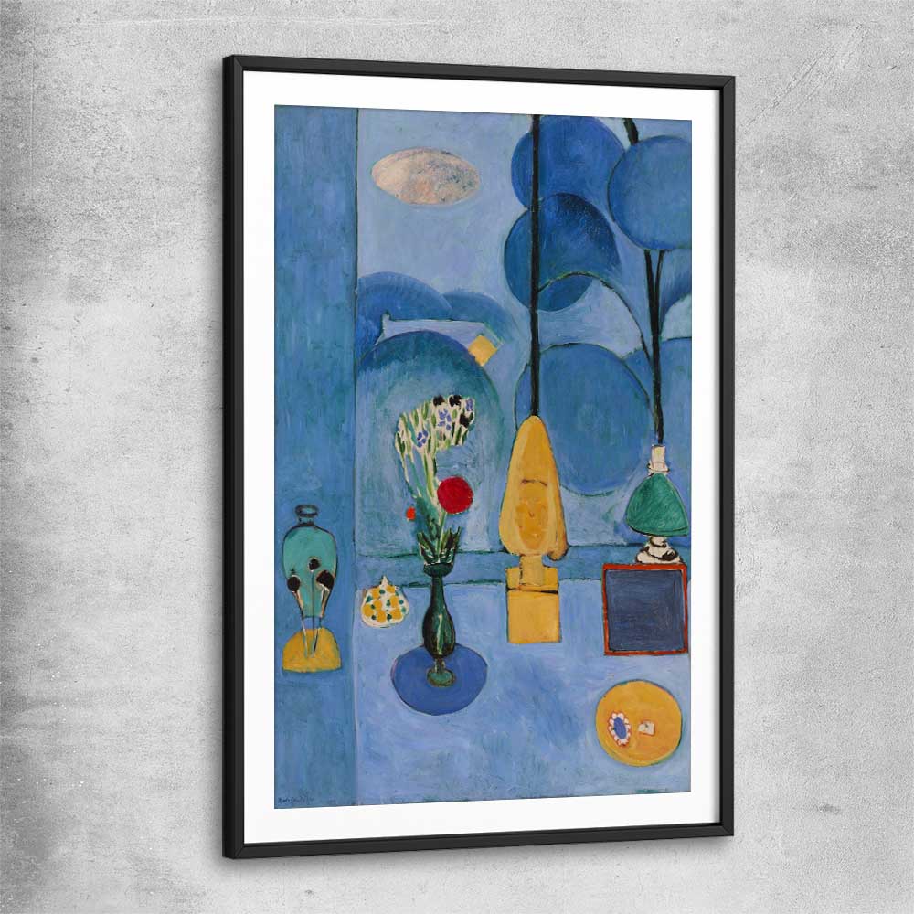 Classic wall art and canvas print of The Blue Window Henri Matisse with black glass front frame