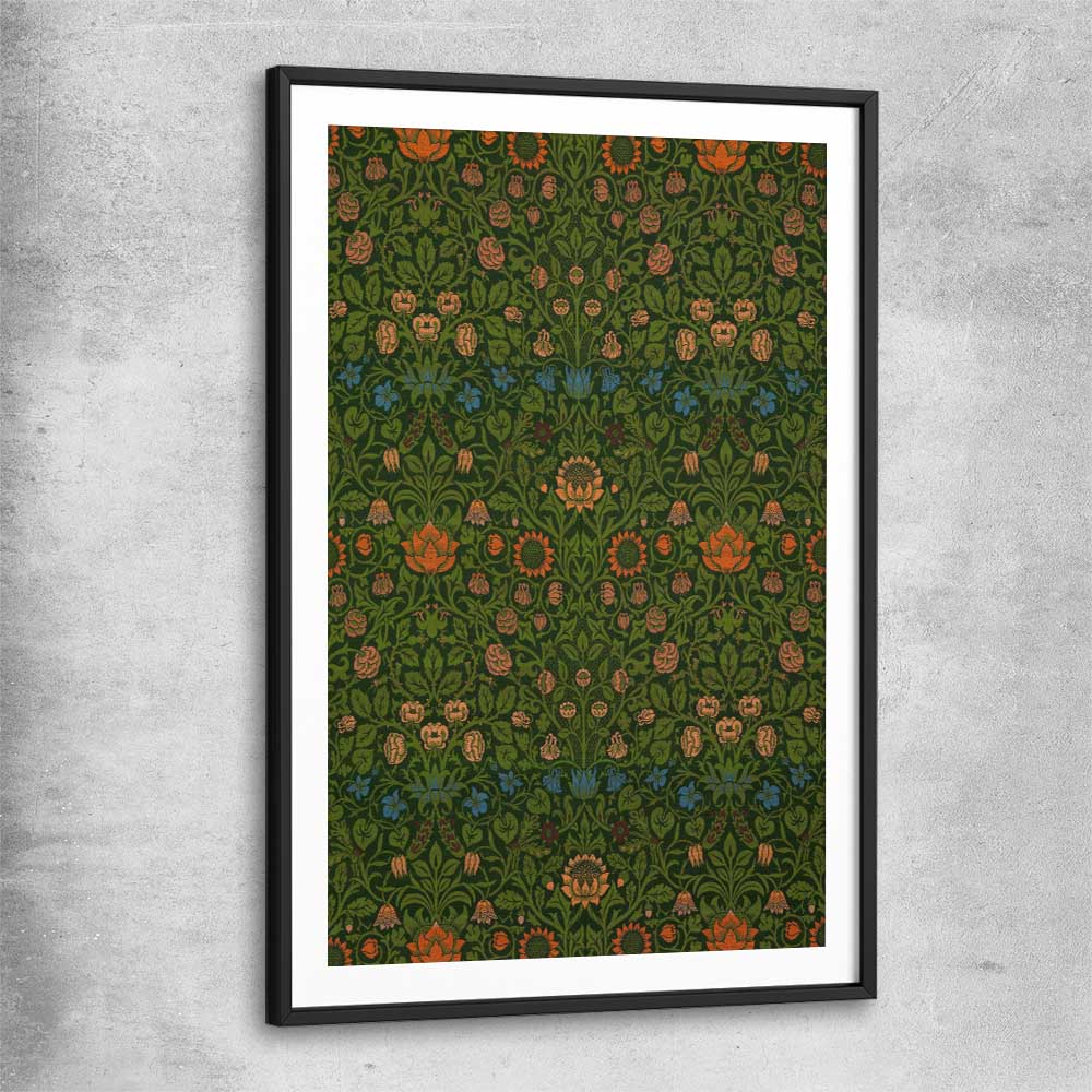 Classic wall art and canvas print of Violet Columbine William Morris with black glass front frame