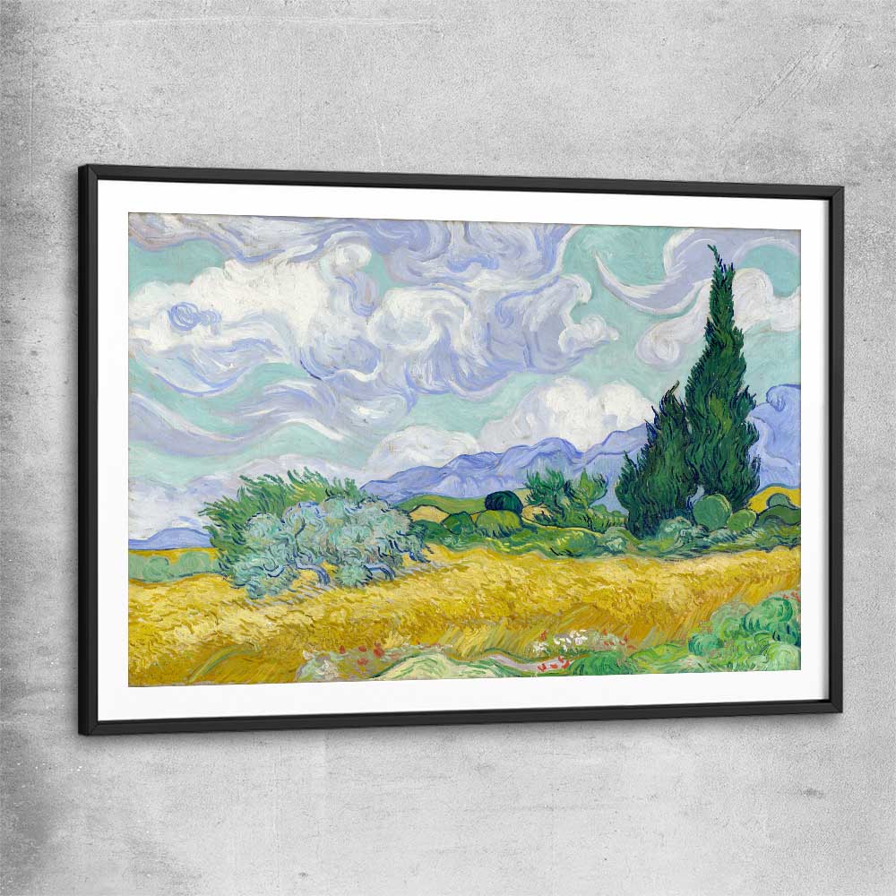 Classic wall art and canvas print of Wheatfield Van Gogh with black glass front frame